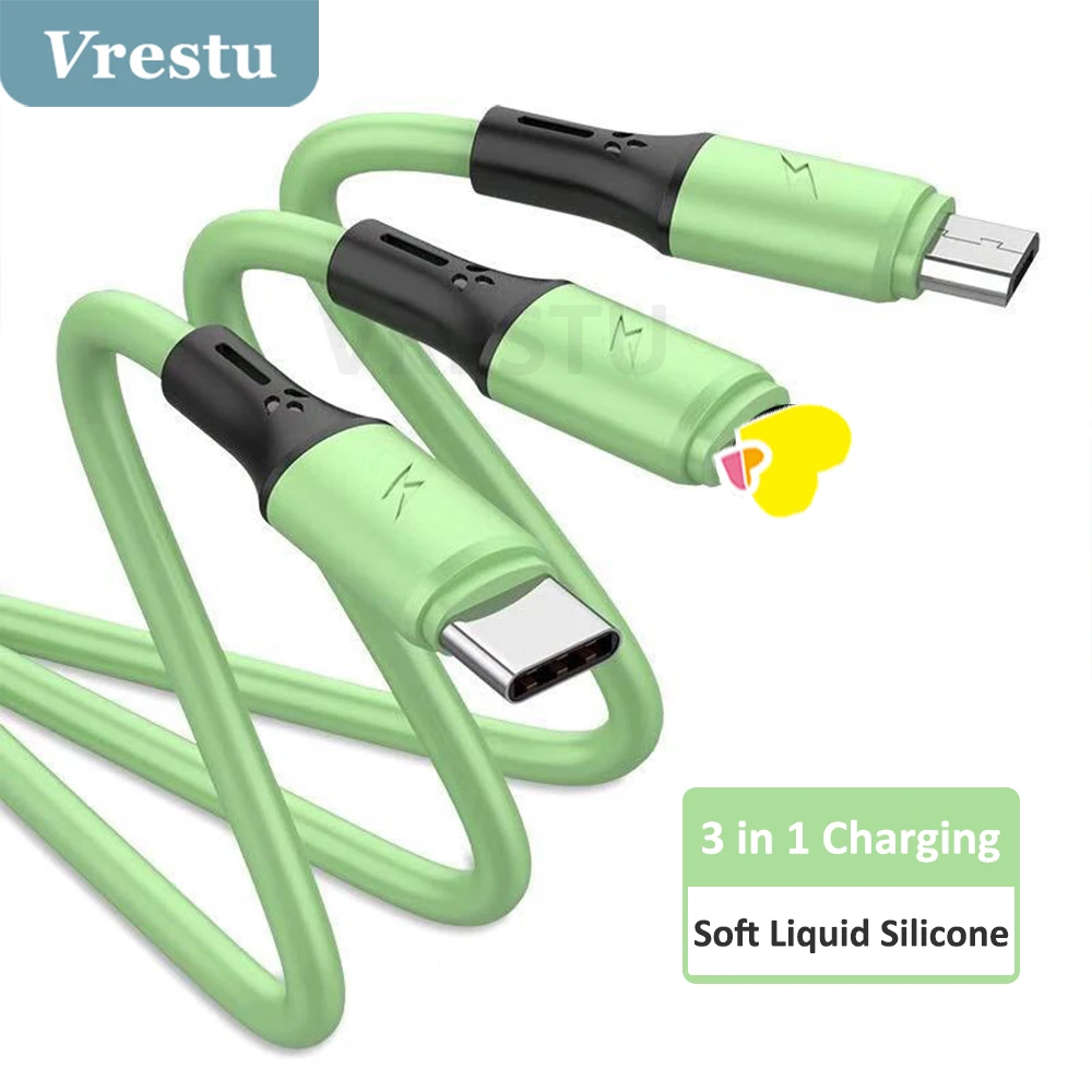 

3 in 1 Charge USB Charging Cable 3 Port Mix Color Liquid Silicone Cord Universal for Android iOS Typec Cell Phones Charger Kabel