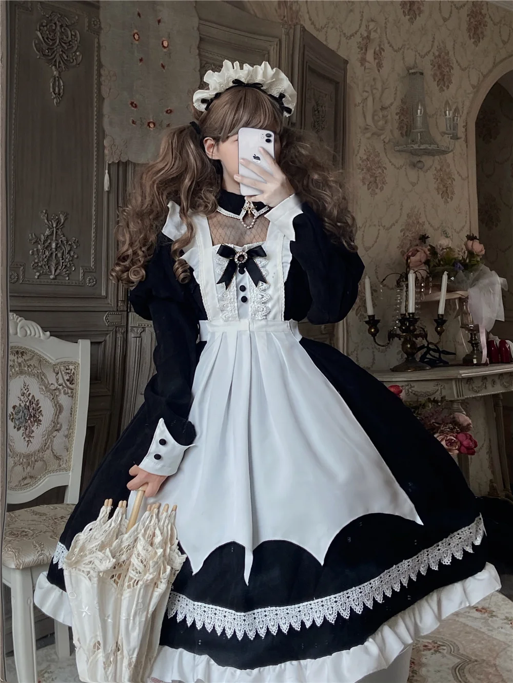 

Lolita Maid Dress Court Retro Elegant Apron Puff Sleeve Jumpsuit High Waist Long Dress Kawaii Girl Gothic Lolita Op Loli Cos