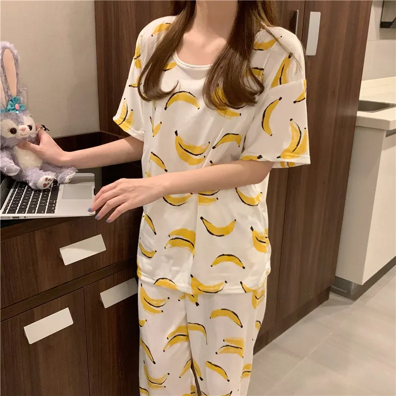 

Harajpee Women Pajamas 2021 Spring Summer Korean Sweet Temperament Ladies Banana Print Short-Sleeved Loose Home Wear Casual
