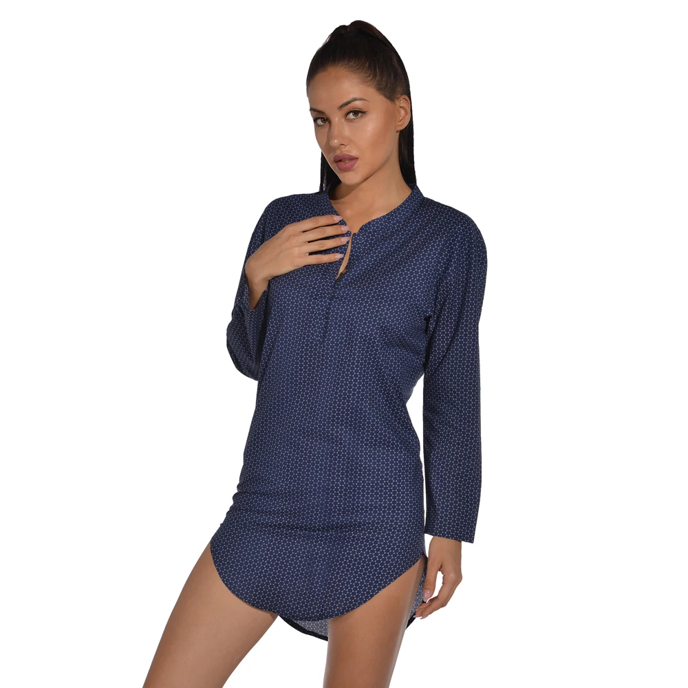 Sleepwear Women Long Sleeves Night Dress Ladies Sexy Thin Nightgown  Autumn Blue V Neck Casual Loose Home Clothing XXL
