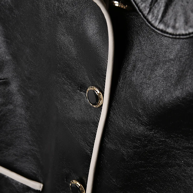 Spring Autumn France Style Women's Elegant Genuine Leather Jackets Hot Chic Pockets Sheepskin Coat C203