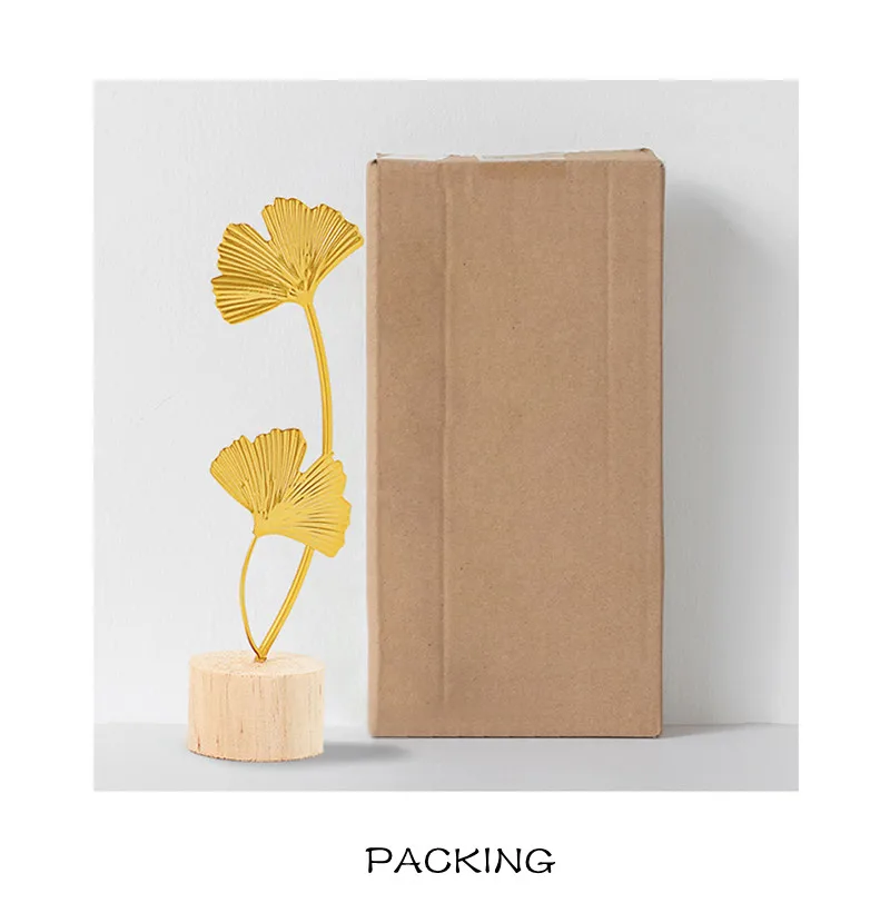 

Exquisite Golden Metal Ginkgo Leaf Craft Ornaments Wooden Base Wrought Iron Art Desktable Bedside/Dining Plant Ornament