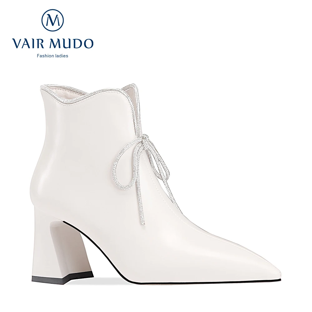 

VAIR MUDO Women Ankle Boots Shoes High Heels Genuine Leather White Black Concise Shoes Female Boots Solid Footwear ElegantDX140L