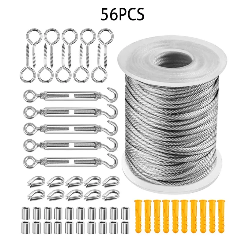 

56PCS/Set Stainless Steel Clothesline 30 Meter Steel PVC Coated Flexible Wire Rope Soft Cable Transparent Kit Lifting Chain Rope