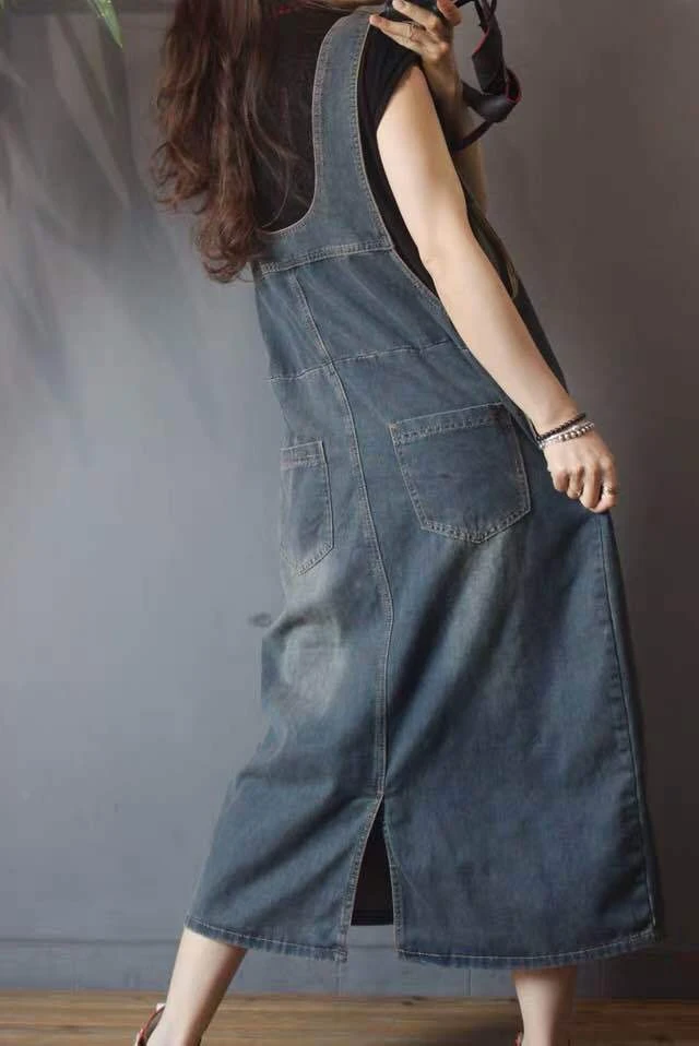 

#2410 Spring Summer Vintage Denim Dress For Women Sleeveless Fashion Oversize Loose Ankle-length Jeans Suspender Dress Ladies