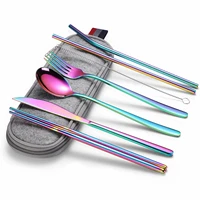 stainless steel cutlery set portable cutlery camping dinner set knives fork spoons chopsticks straw tableware travel cutlery bag