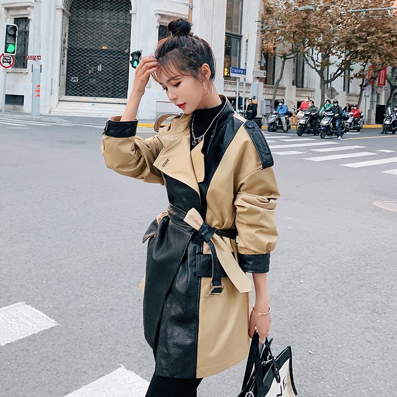 

PU Splicing Windbreaker Female Fashion England Loose Women Coat New Spring Autumn Casual Quality Temperament Leather Jacket