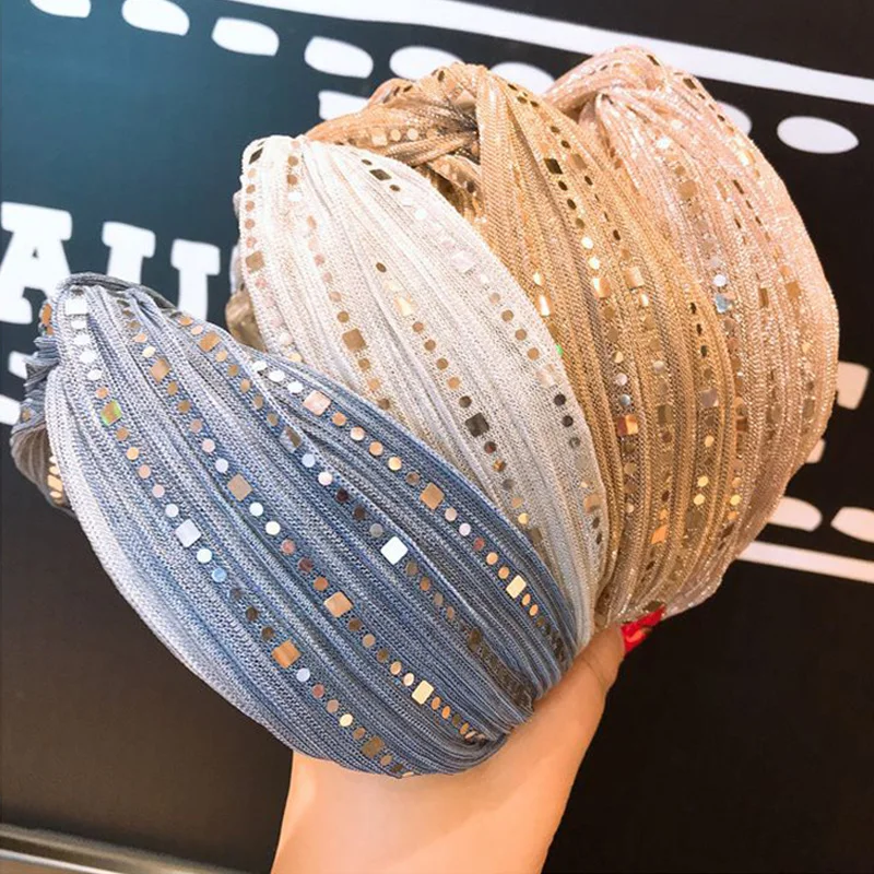 

Женская повязка на голову с кристаллами, Черная Кружевная повязка на голову с узлом, блестящая повязка для вечевечерние на море, 1 шт., 2019