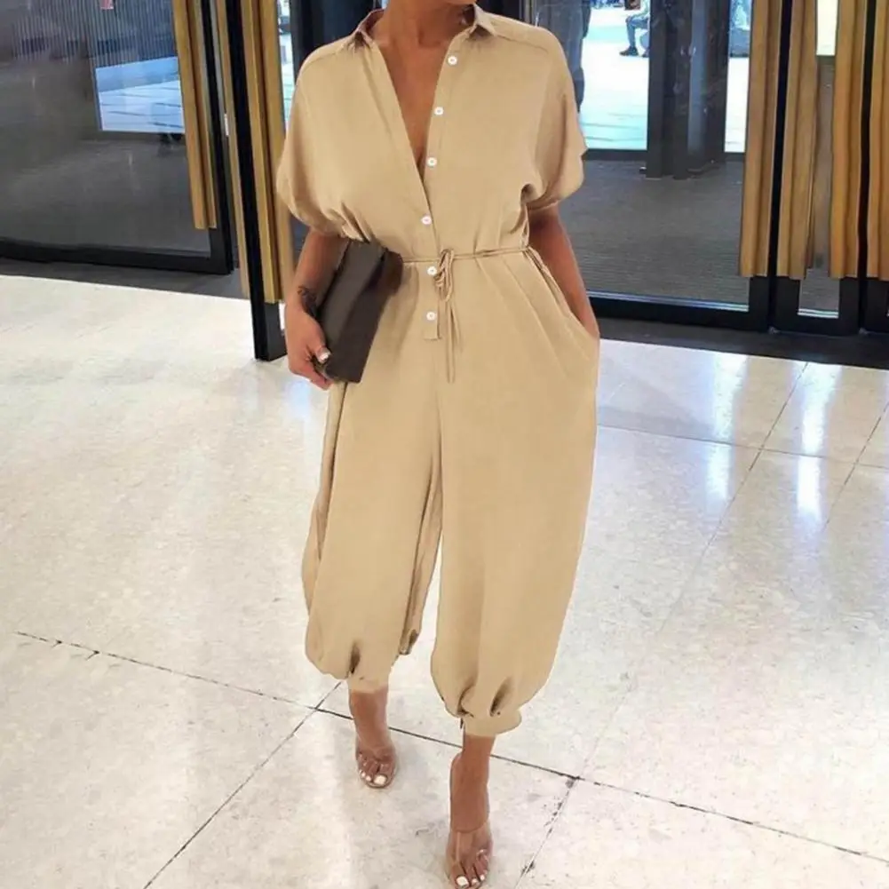 

Women Jumpsuit Leisure Romper Lapel Romper Leisure High Waist Solid Color Simple Jumpsuit Summer Women Lapel High Waist Romper