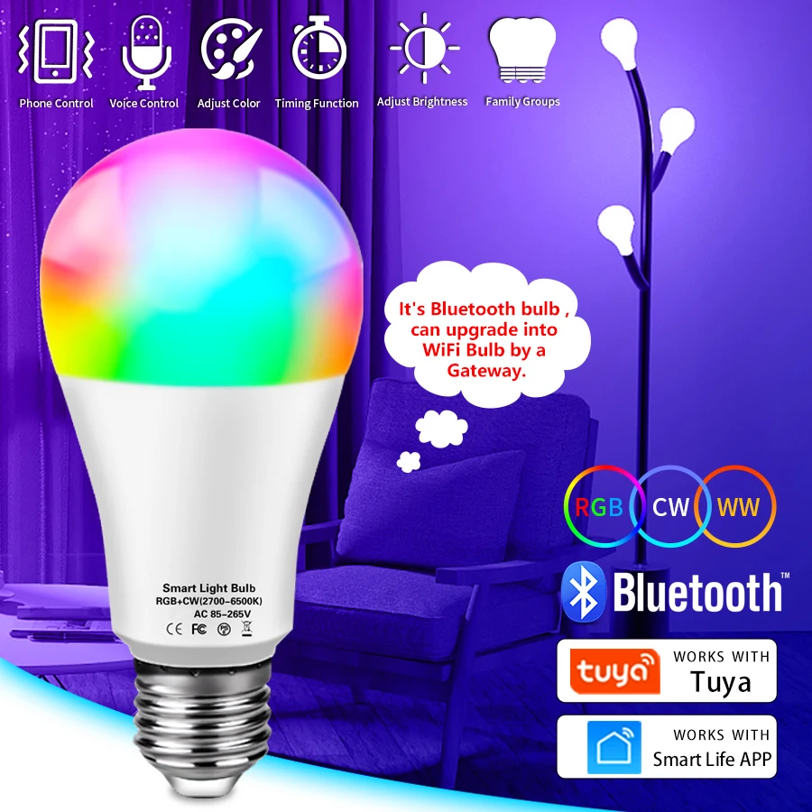 

Умная Светодиодная лампа с поддержкой Bluetooth, E27, RGB, управление через приложение