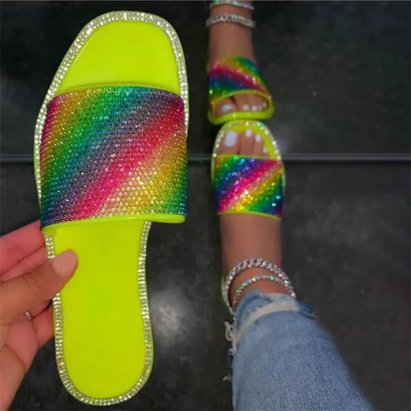 

Crystal Women Slippers 2021 Ladies Outdoor Rhinestone Mixed Colors Women Slides Fashion Open Toe Non-slip Flats Women's Shoes