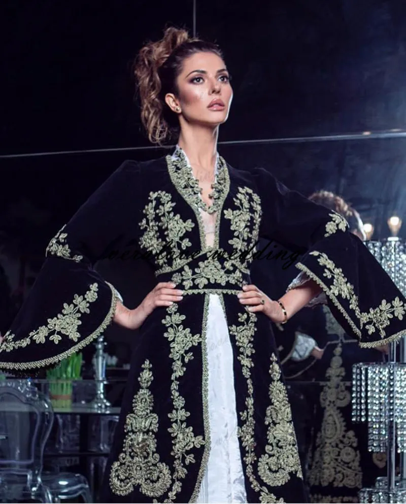 

Traditional Kosovo vestidos formales Arabic Black Velvet Evening Dresses Flared Sleeves Applique Prom Party Dress robe de soirée