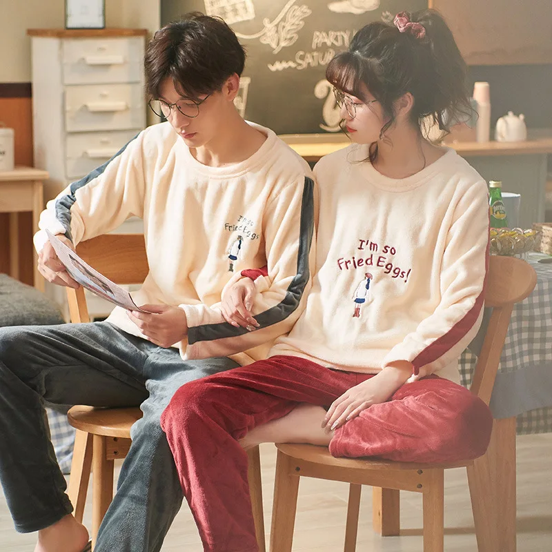 

Couple Pajamas Autumn Winter Coral Fleece Two-Piece Plus Fleece Thick Flannel Home Service Suit Lovers Night Suit Sleepwear