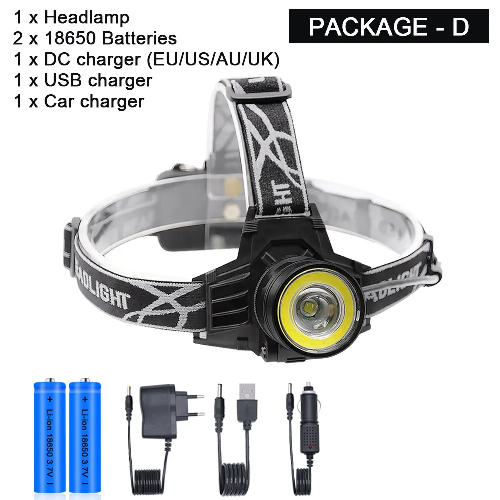 Package-D Супер яркий светодиодный налобный фонарь T6+ COB, 4 режима, фонарь для охоты, рыбалки, велосипеда, USB Перезаряжаемый Головной фонарь, масштабируемый фонарик 18650 - Испускаемый цвет: Package-D