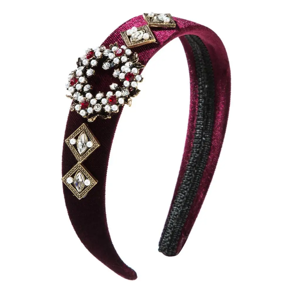Черные бархатные повязки для волос в стиле барокко с жемчугом в стиле ретро, украшенные цветами и кристаллами, женский головной убор, обручи для волос с широкими полями - Цвет: Wine