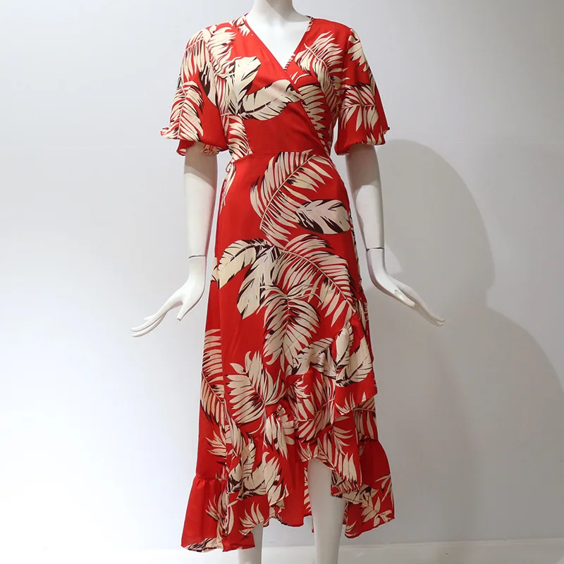 

2020 Summer Floral Beach Long Dress Women Chiffon Irregular Pendulum Type Sexy Deep V Neck Party Dress Casual Boho Bandage Dress