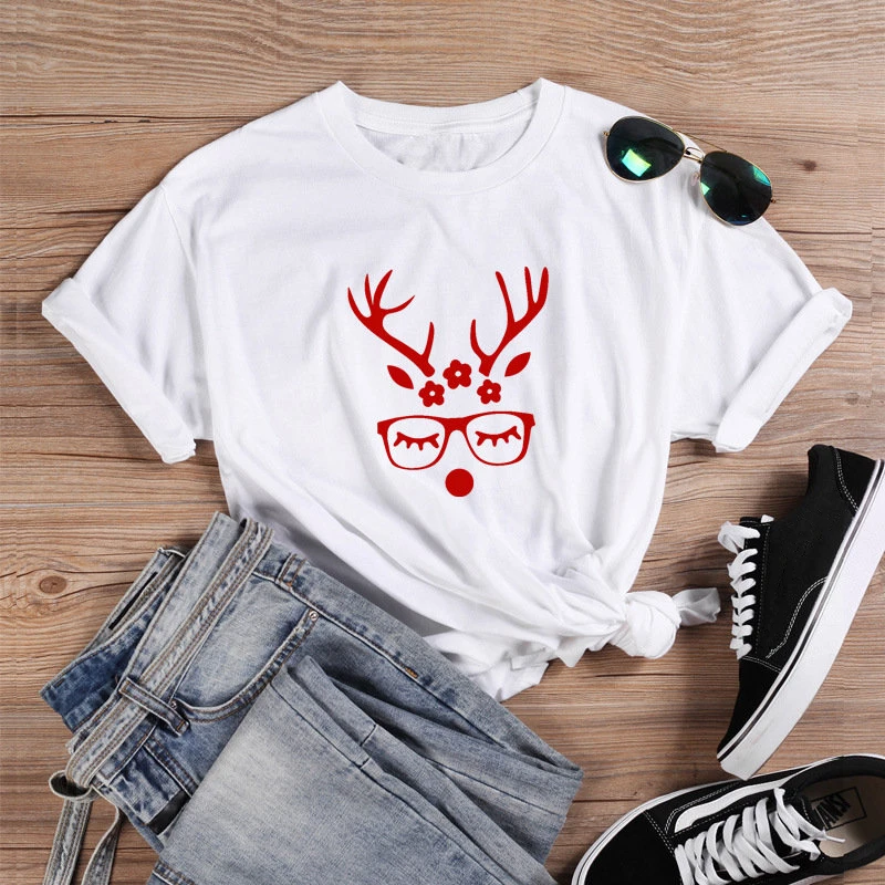 

ZBBRDD Red Christmas Deer Funny Graphic fashion Women Tshirt Cotton O Neck Top Tees Short Slleve Girl casual Clothing Drop Ship