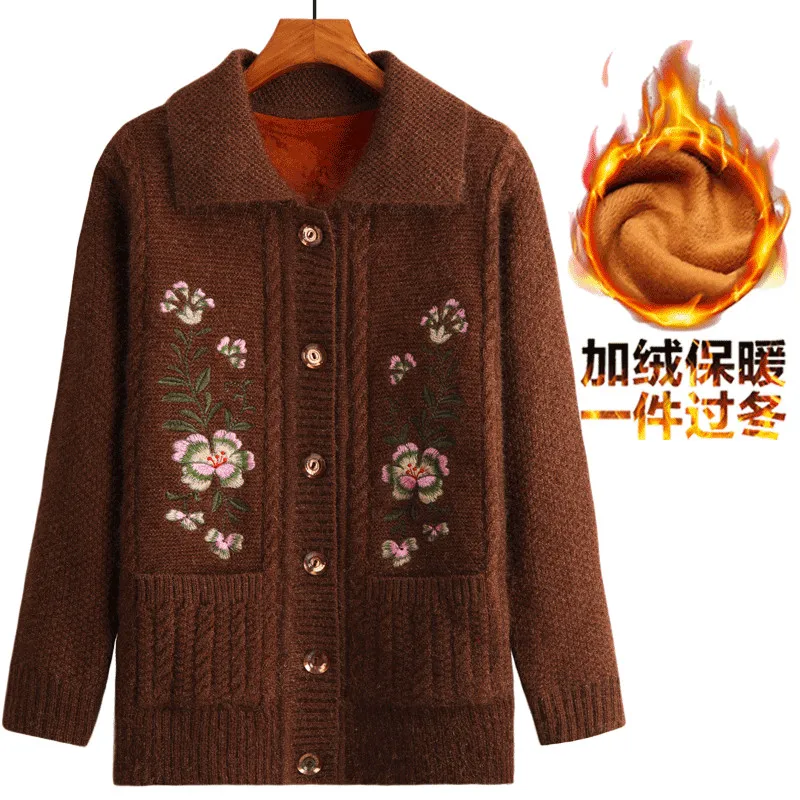 Elderly Women Knit Sweater Coats Large Size Winter Warm Plus Velvet Grandmother Loose Cardigans Casual Tops W1662 |