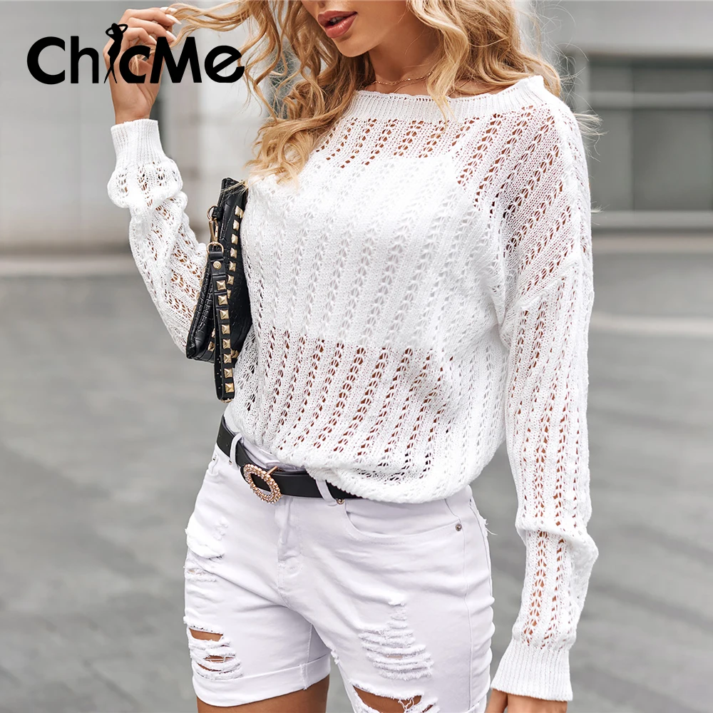 

Chicme Hollow Out Sweater Women Open Knitted Drop Shoulder Tops Pull Femme V-Neck Long Sleeve White Casual Spring Summer Tops