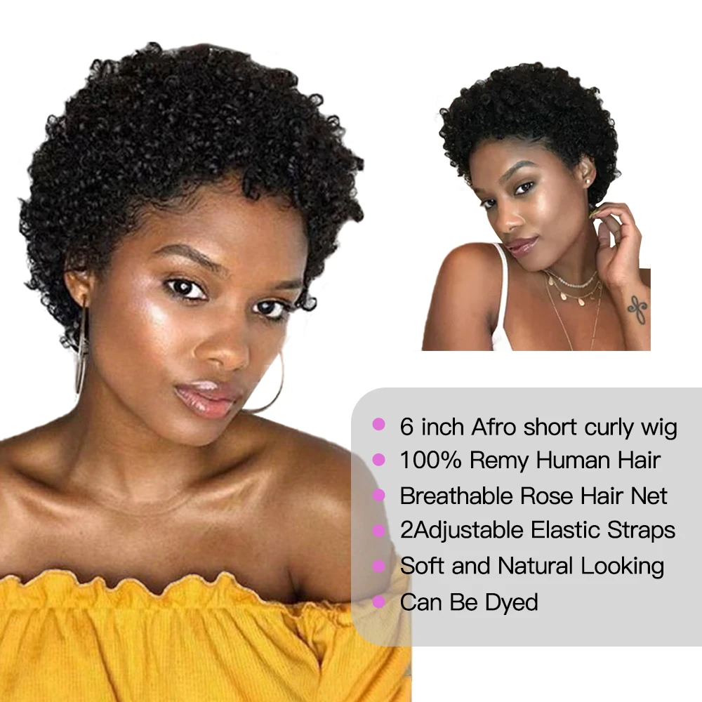 Short Curly Human Hair Wigs Pixie Cut Brazilian Remy Short Wigs Human Hair Natural Black 180% Density Kinky Curly Wig for Woman
