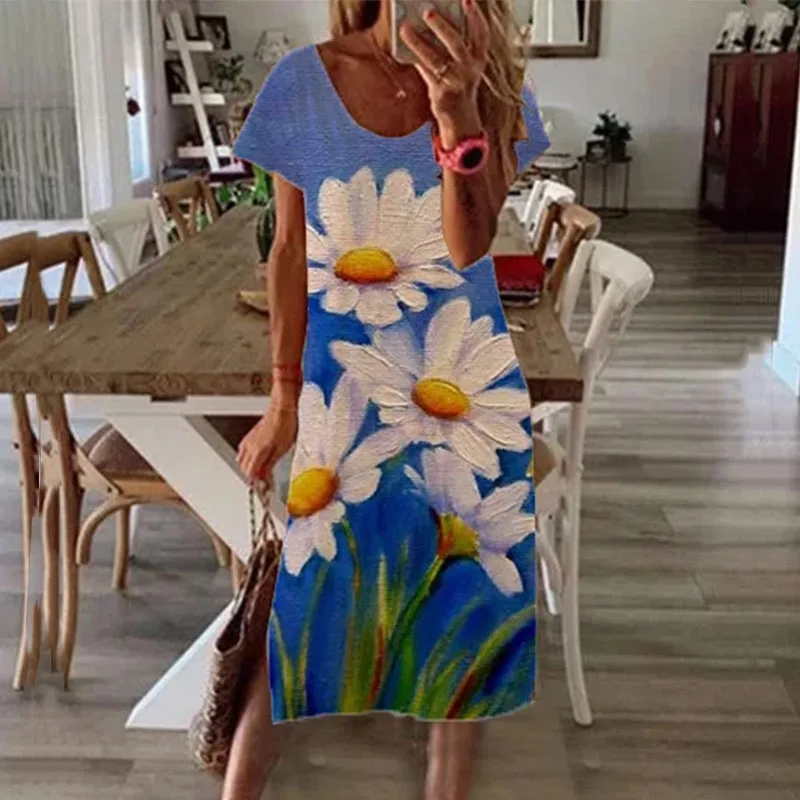 

Casual Loose Short Sleeve Summer Dress Women Elegant O-Neck Vintage Floral Print Dresses Female Fashion Split Design Beach Dress