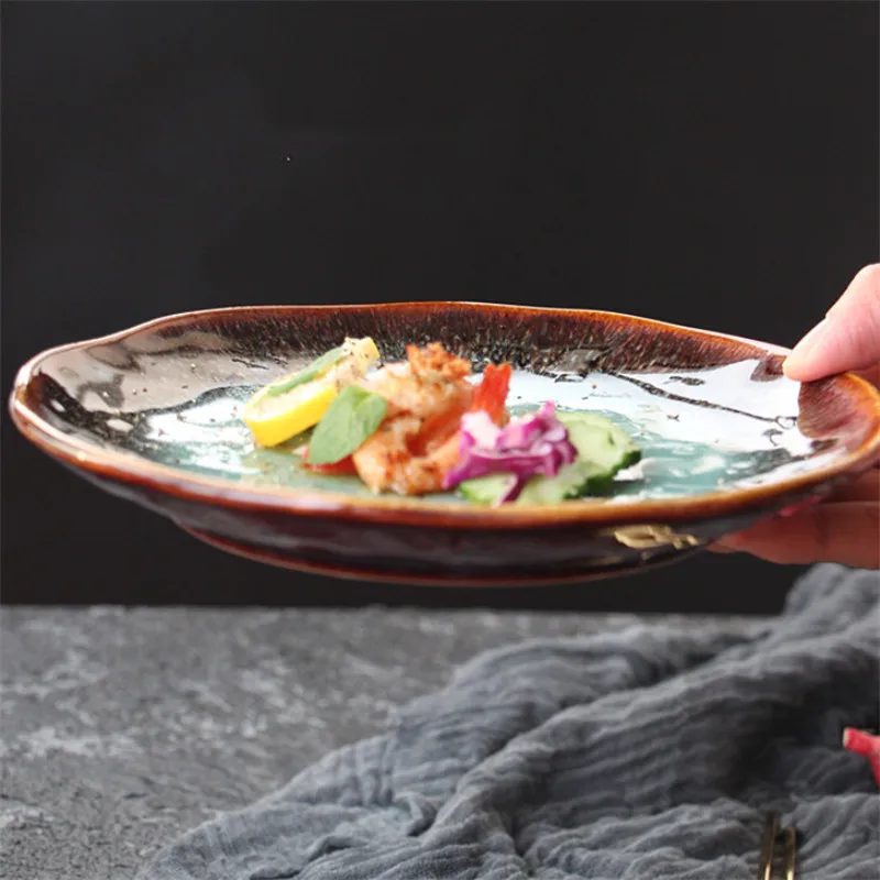 European Creative Emerald Green Agate Red Retro Ceramic Tableware Pasta Steak Salad Plate Food Container Dinner Dinnerware | Дом и сад