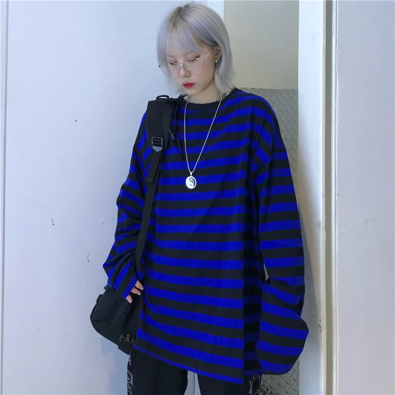 Lychee Harajuku цветная женская футболка с длинным рукавом и круглым вырезом Женская футболка синие и черные осенние женские футболки в полоску