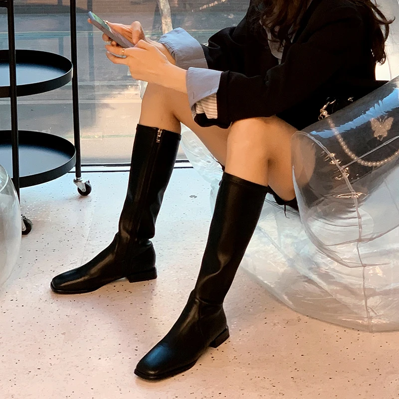 

British Style Motorcycle Boots Party Knee High Boots Fashion Punk Woman Antumn Winter microfiber Leather Shoes Woman