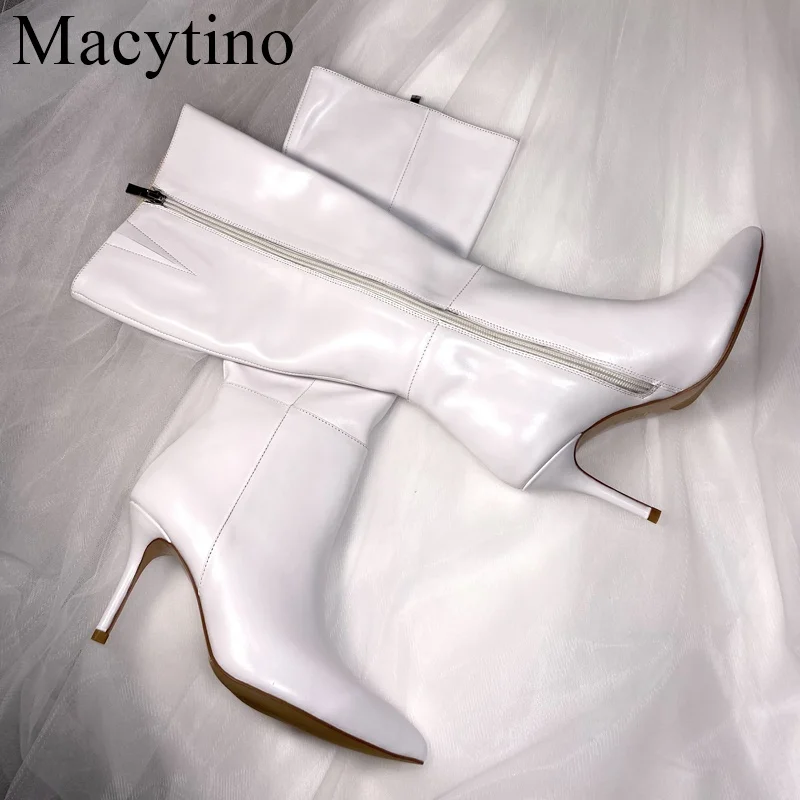 

Calf Women Boots Thin High Heels Knee High Boots For Women Point Toe White Red Fetish Party Long Shoes