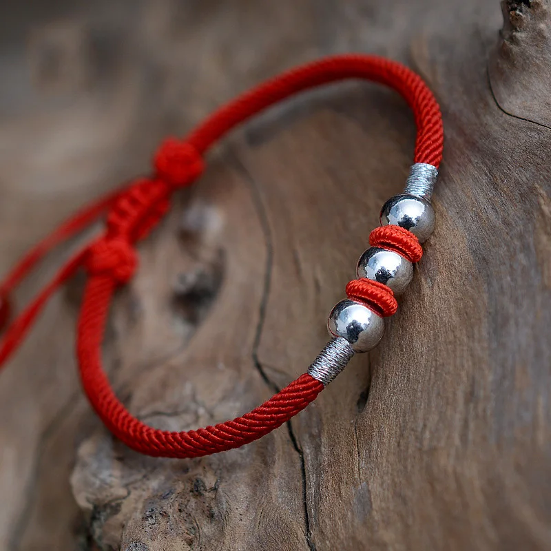 Настоящее чистое серебро 999 пробы круглые бусины Lucky Red Rope ручной работы браслет