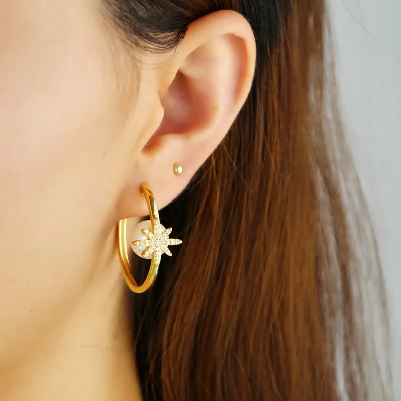 Gold gold big hoop earrings setting white round pearl delicate star snowflake CZ stone for women Gorgeous fashion charm jewelry | Украшения