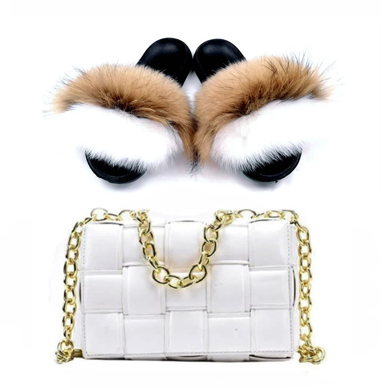 

Summer Women Shoes Fluffy Fox Fur Slides Fashion Woven Shoulder Bag Chain Handbag Small Square Bag