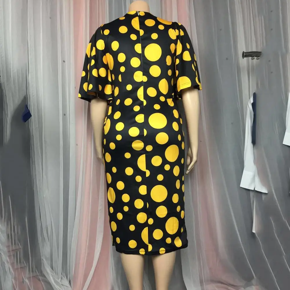 

White Dot Dress Women Big Size Flare Sleeve Round Neck Mid Calf High Waist 2020 New Autumn Elegant Woek Business Dress Midi Hot