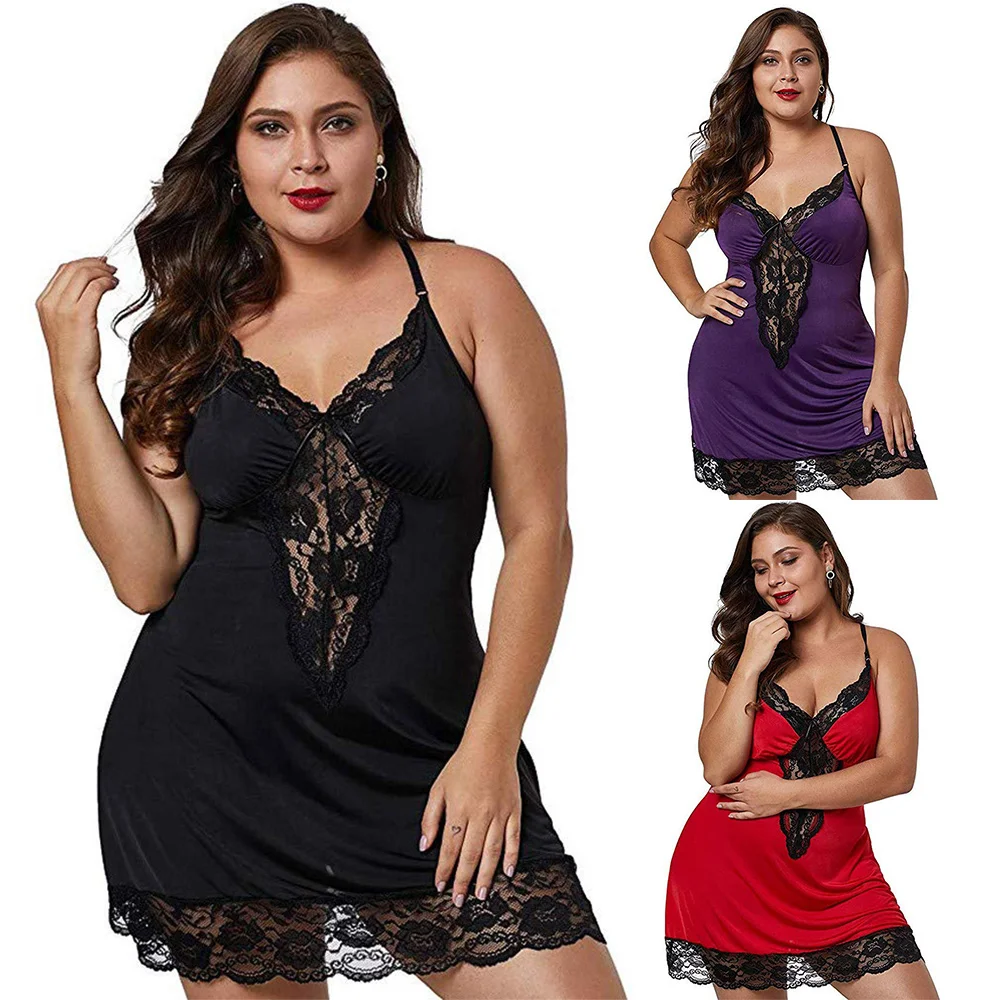 

Женская кружевная Пижама большого размера, нижнее белье, соблазнительное однотонное Ночное платье с перекрестной спиной и V-образным вырез...