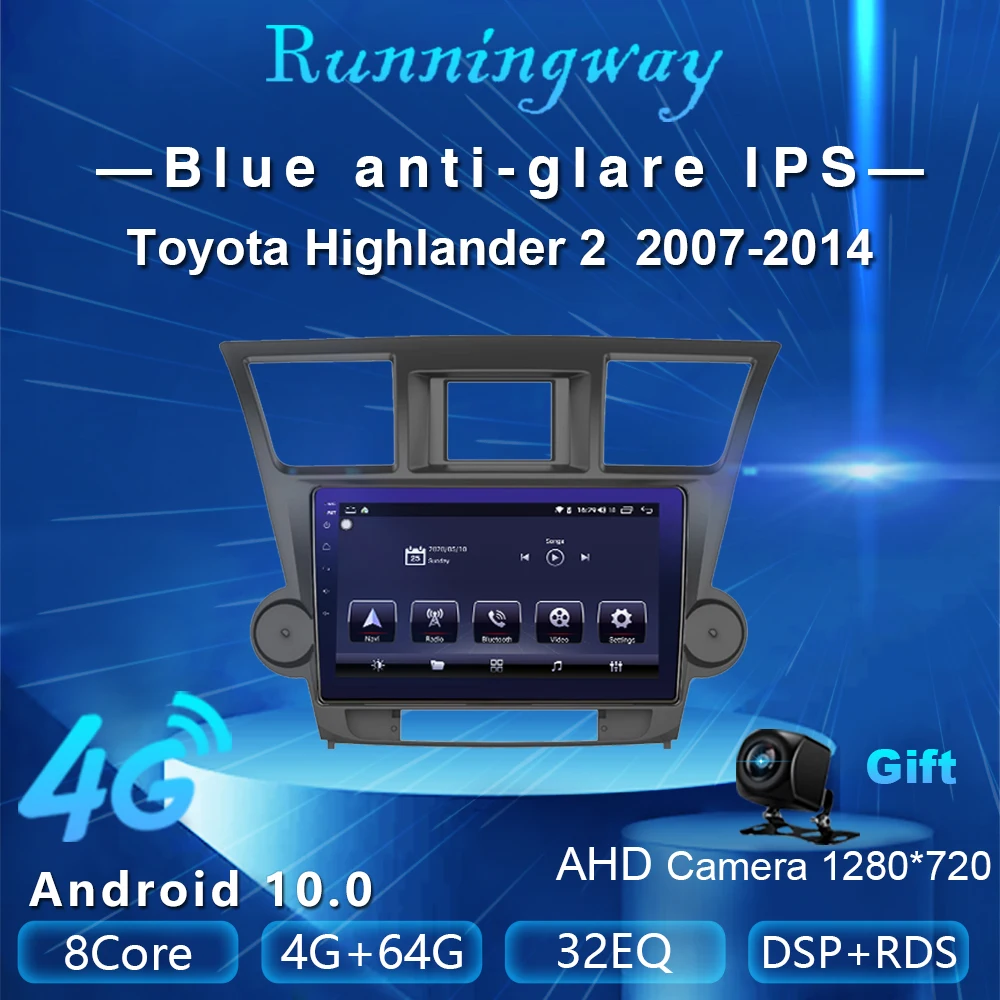 Runningway Android 10 0 5G автомобильный DVD для Toyota Highlander 2 2007-2013 4G + 64G Автомобильный Радио