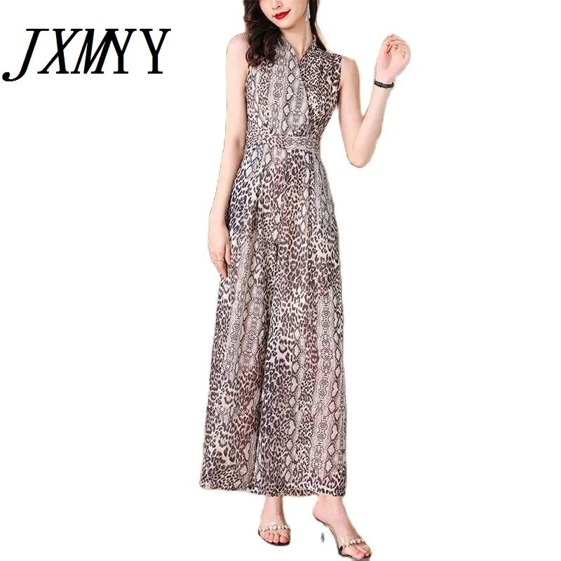 

2021 Summer Fashion New V-neck High Waist Vest Leopard Print Jumpsuit Chiffon Thin Casual Comfortable Loose Wide Leg Pants JXMYY