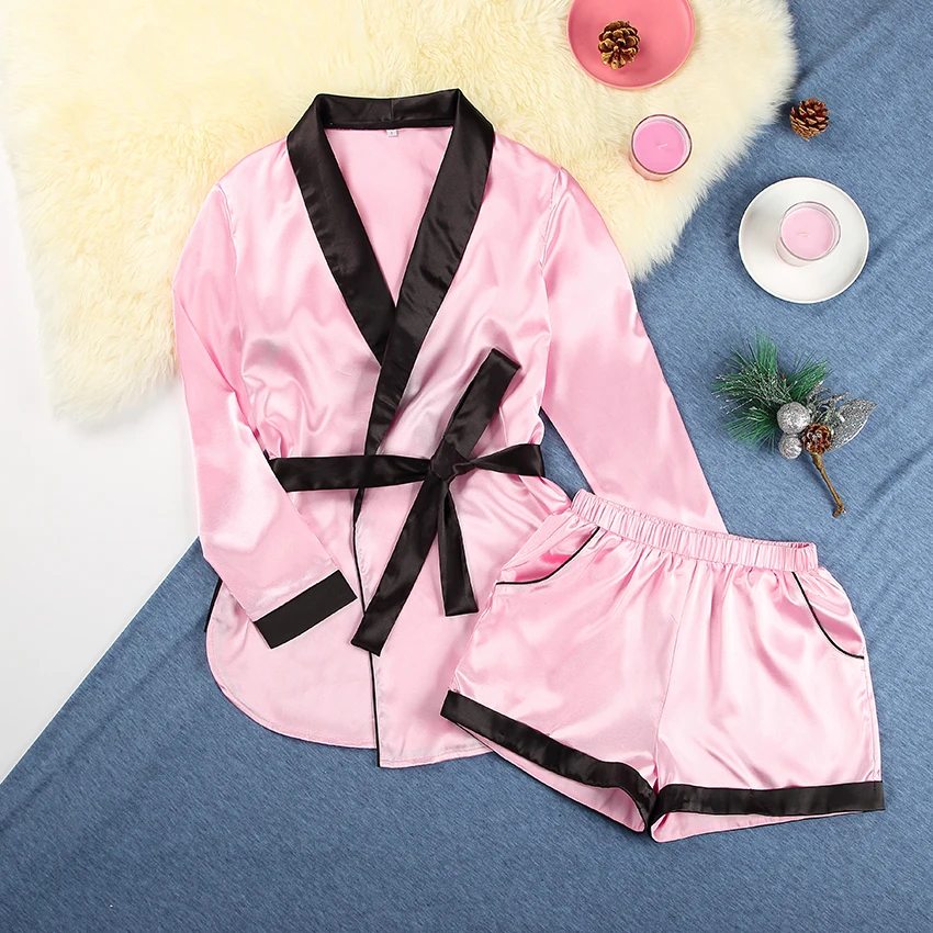 Женские шелковые пижамы с длинным рукавом HiLoc комбинированный сексуальный халат