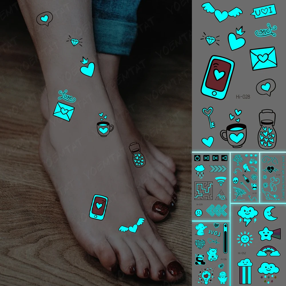 

Blue Luminous Glow Tattoo Sticker Love Heart Waterproof Temporary Tatoo Cute Small Finger Wrist Fake Tatto For Body Art Women