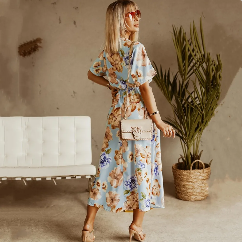 

2021 Summer Short-Sleeved Deep V-Neck Boho Floral Dress Women's Clothing Fashion Lace-Up Irregular Ruffle Stitching Maxi Dress