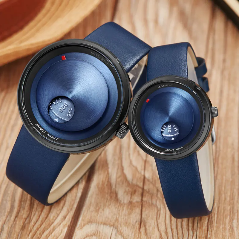 Blue Простые парные часы, минималистичные поворотные часы для мужчин и женщин, часы с кожаным ремешком, гладкие кварцевые наручные часы, мужские и женские часы, подарки, relogio - Цвет: Blue
