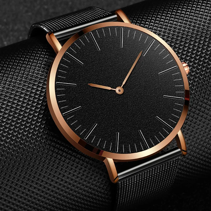 Новые модные мужские часы из стальной сетки с кварцевыми часами простая шкала со