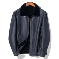high quality shearling mens leather and fur in one coat navy blue men genuine leather jacket winter sheepskin outwear