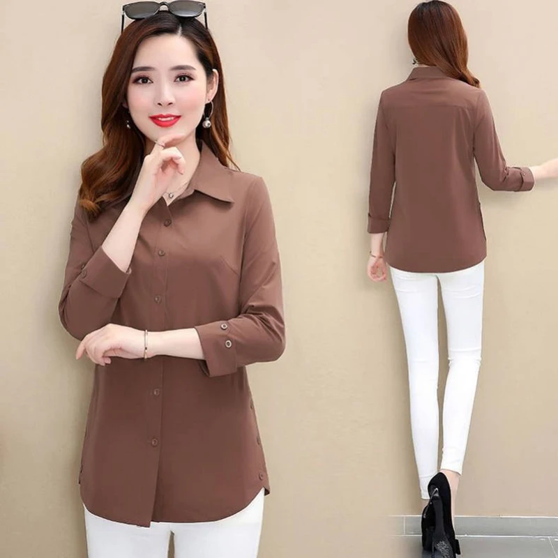 Chic Solid polo collar shirt women fashion elegant slim plus size 5XL long sleeve blouse female 2021 new Mom casual spring tops