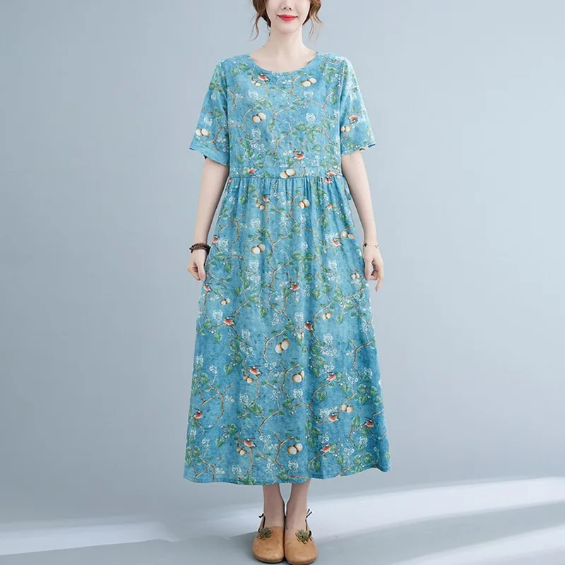 

Женское длинное платье из хлопка и льна, свободное Удобное повседневное платье в винтажном стиле с круглым вырезом и принтом, B534, лето 2021