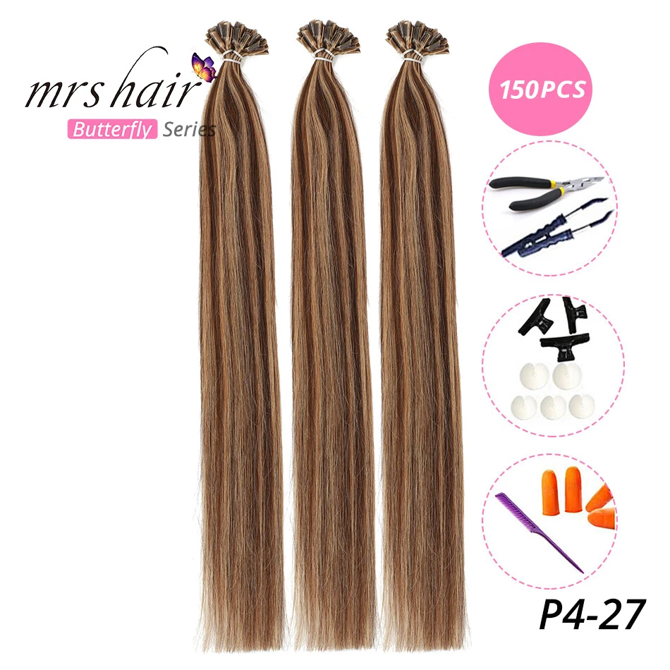 MRS HAIR, 1 г/шт., 14 дюймов, 16 дюймов, 20 дюймов, 24 дюйма, накладные волосы, прямые волосы Remy Nail, кератиновые человеческие волосы, 50 шт - Цвет: KUTP-4-27-150