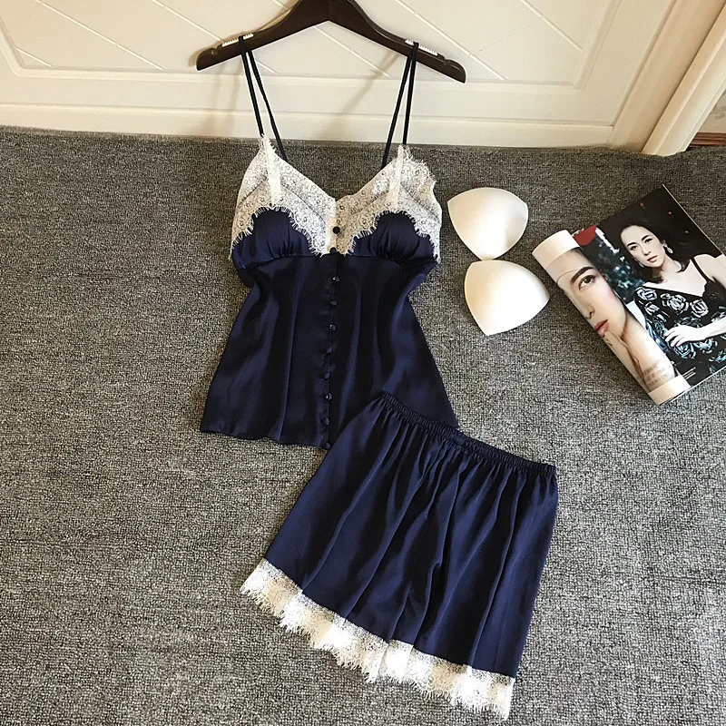 M-3XL женские пижамы сексуальные костюм из двух частей атласные для дома кружевные