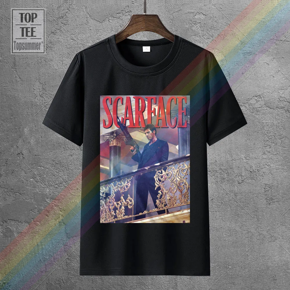 

Summer Style Fashionmens Official Scarface Movie Al Pacino T-Shirt Railing Shot Black Cotton S Short Sleeve Crew Neck Fashion