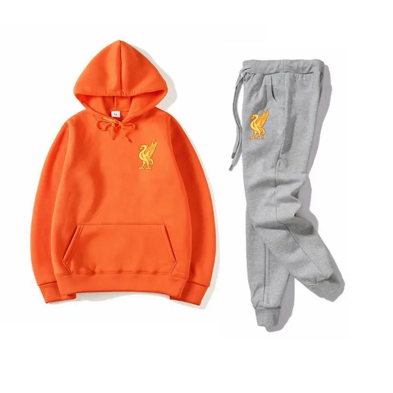 Orange gray Спортивный костюм, модная спортивная одежда, комплект из двух предметов, хлопковая флисовая толстовка с капюшоном+ штаны, спортивный костюм для мужчин - Цвет: Orange gray