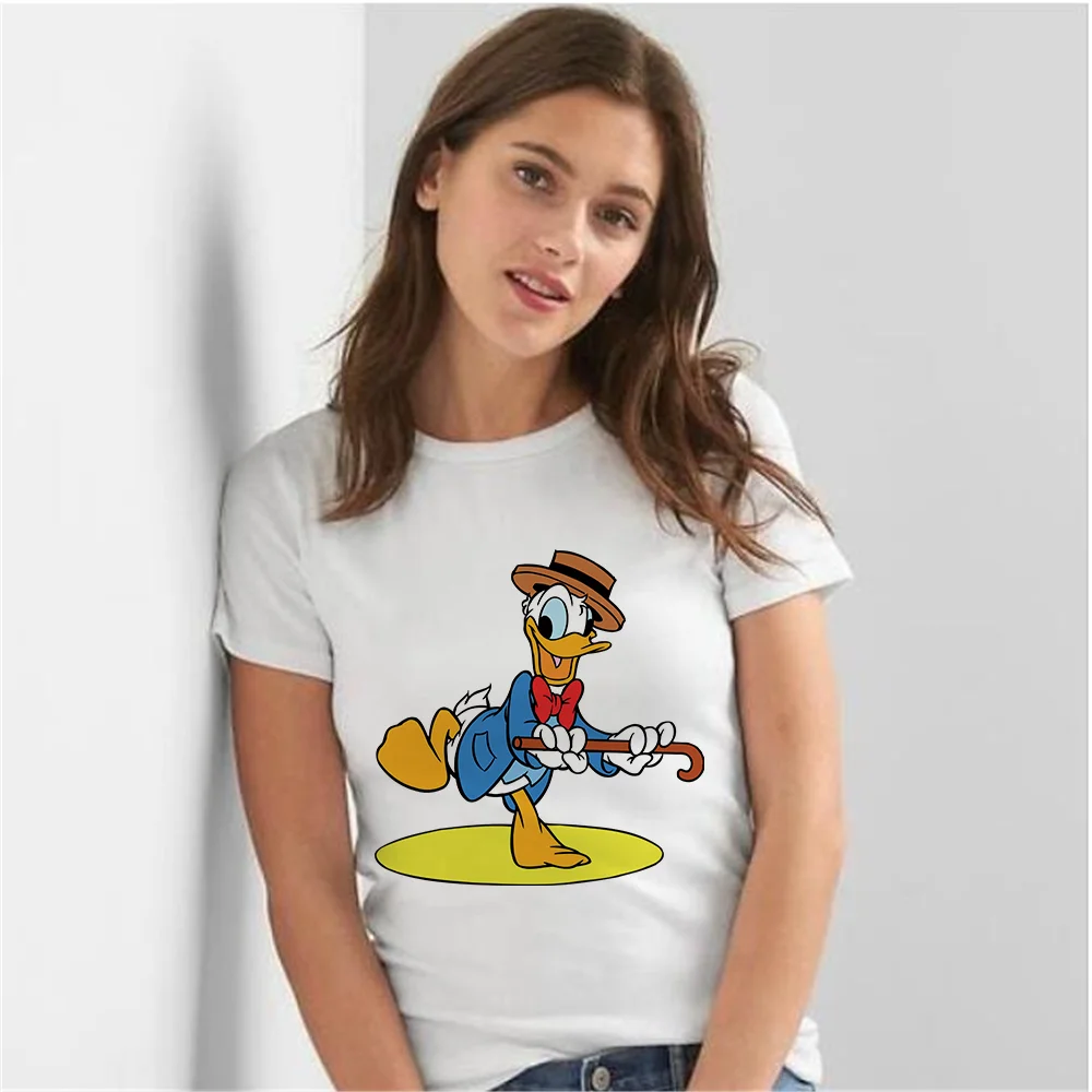 

2021 Disney New Summer Kawaii Donald Duck T Shirt Women Soft Free Loose Hot Sale Solid Fresh Casual Natural Short Basic Shirts