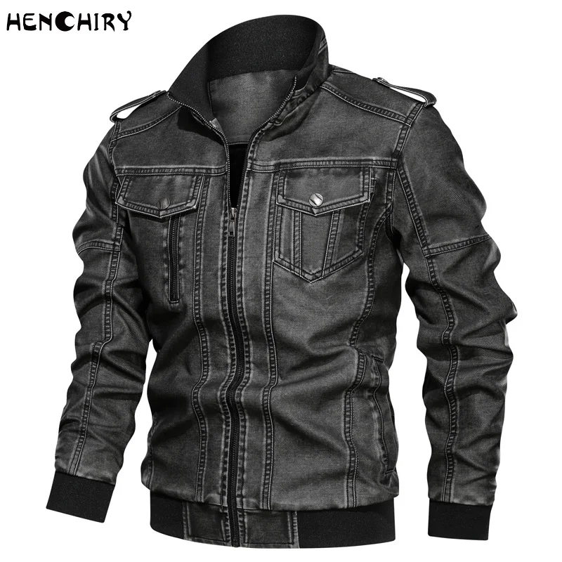 

HENCHIRY Европейская и американская стильная куртка из искусственной кожи эксклюзивная потертая старая мотоциклетная кожаная куртка Мужская ...